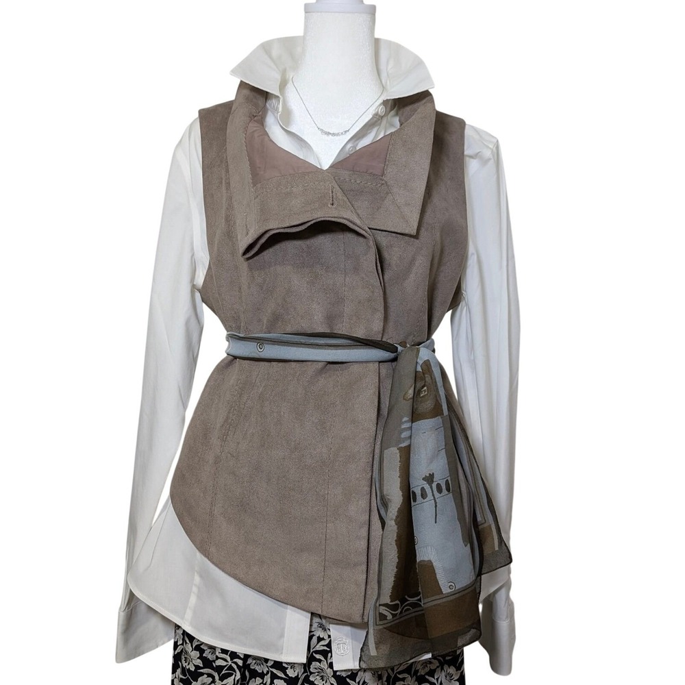 Boho Quiet Luxury Khaki Faux Suede Vest Short Back Long Front Medium Artist Vibe